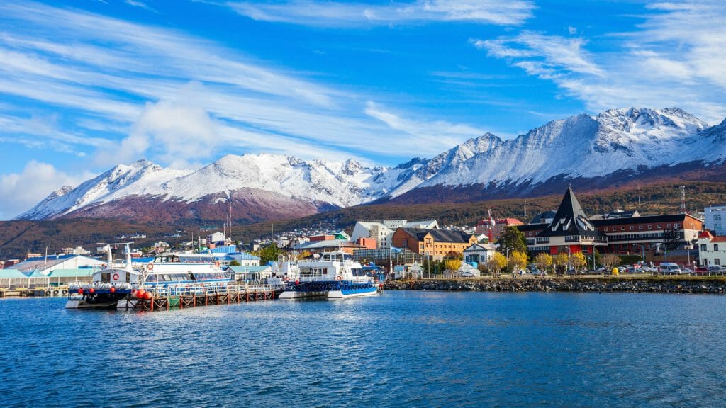 Catamaran boats in the Ushuaia harbour port, Tierra del Fuego province in Argentina