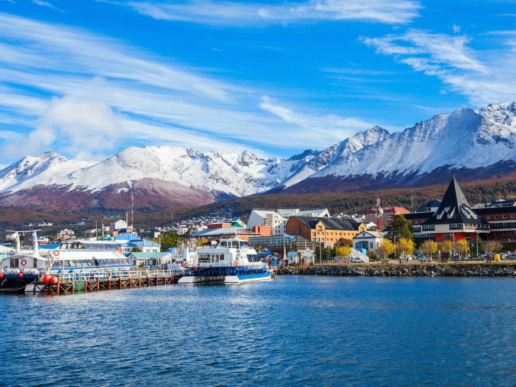Catamaran boats in the Ushuaia harbour port, Tierra del Fuego province in Argentina