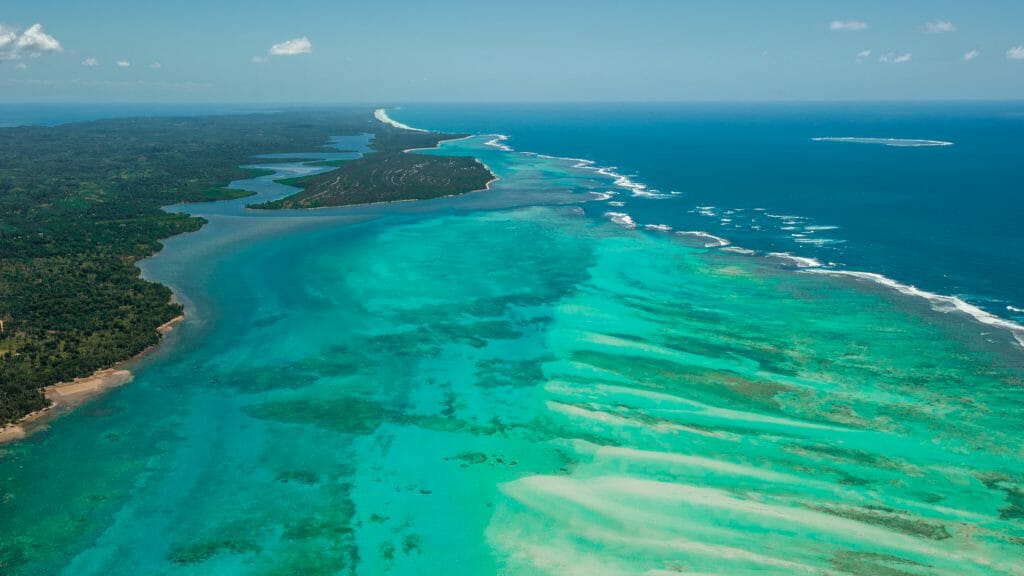 Aerial view of cost fo Ile St Marie, Madagascar