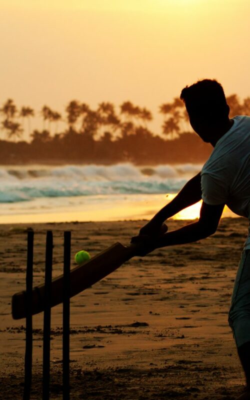 Cricket on beach at sunset, Sri Lanka
