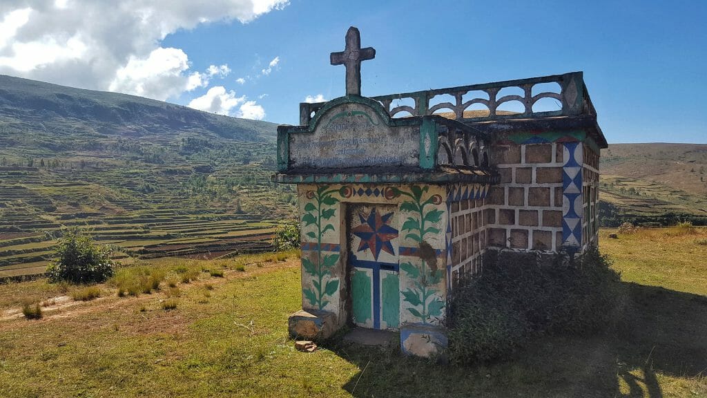 Family tomb and rice paddies, Madagascar