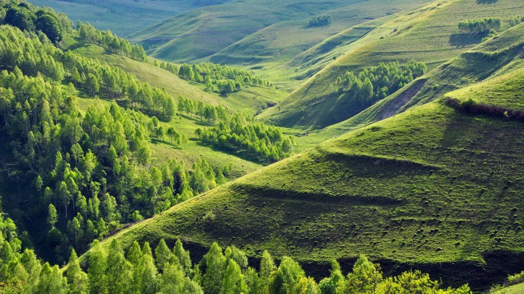Green hills and a winding valley, Transylvania, Romania