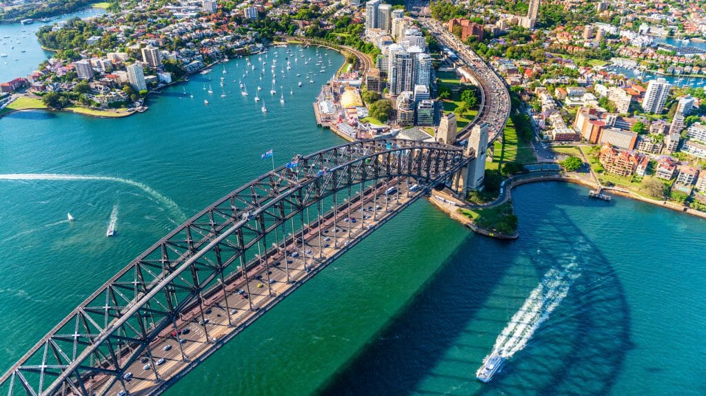 Helicopter view of Sydney Harbor Bridge and Lavender Bay, New South Wales, Australia