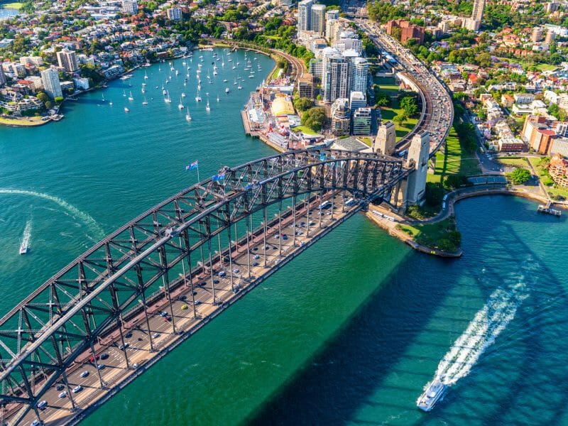 Helicopter view of Sydney Harbor Bridge and Lavender Bay, New South Wales, Australia