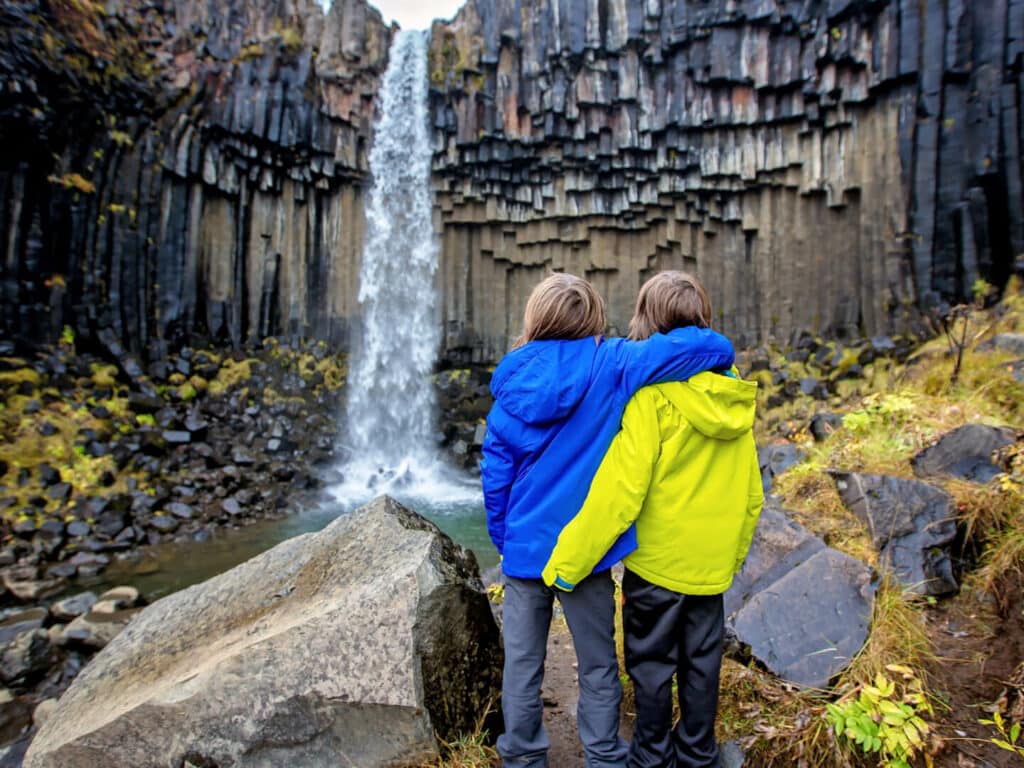 Family viewing Icelandic waterfall
