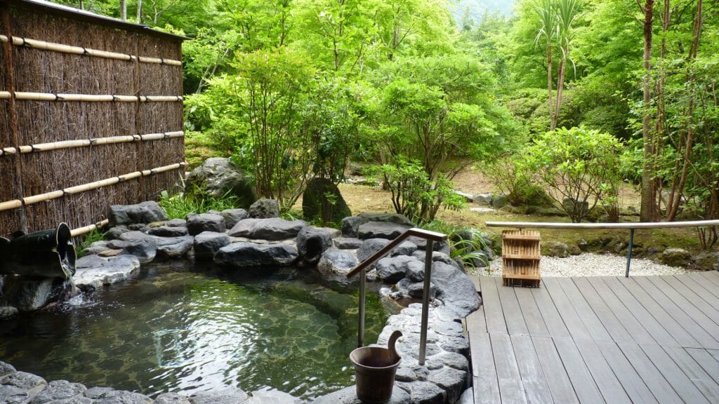 Private onsen in a ryokan in the Japanese Alps with a woodland garden beyond.