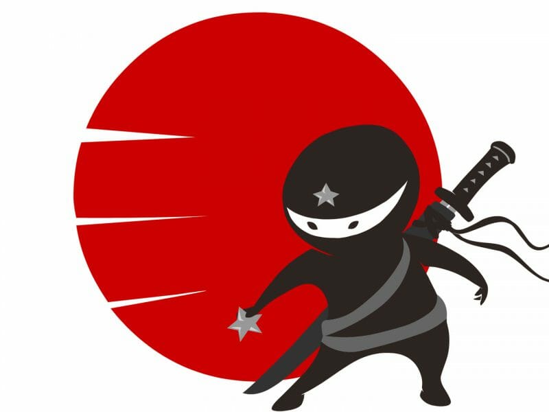 Black, white and red cartoon illustration of a ninja.