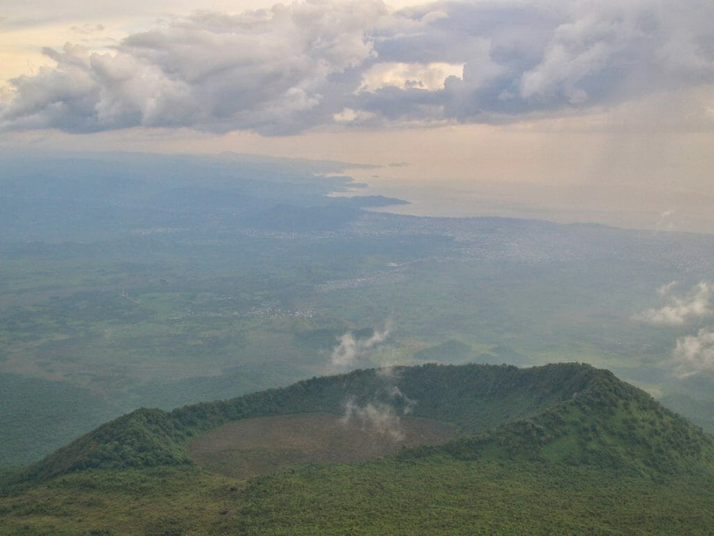Looking down from Nyiragongo towards Goma and Lake Kivu, Virunga National Park, Democratic Republic of Congo