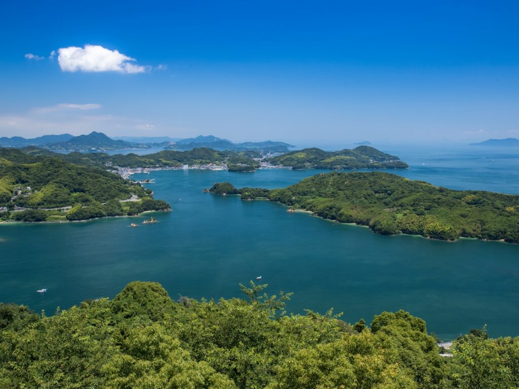 View over Seto Inland Sea and lush islands, Setouchi, Japan