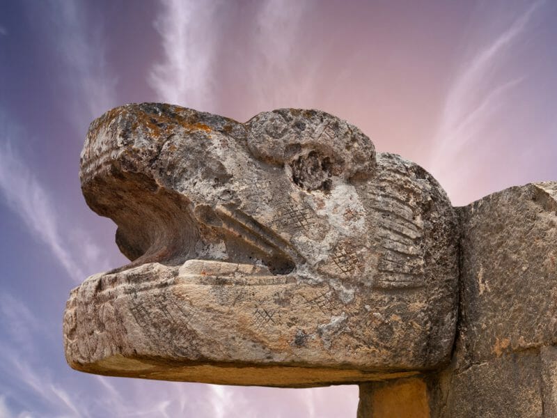Snake Mayan Sculpture in the city of Chichen Itza, Yucatan, Mexico