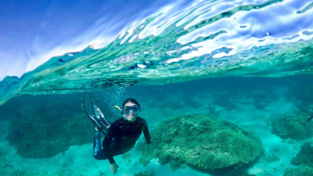 Underwater shot of snorkeller on Ningaloo Reef.
