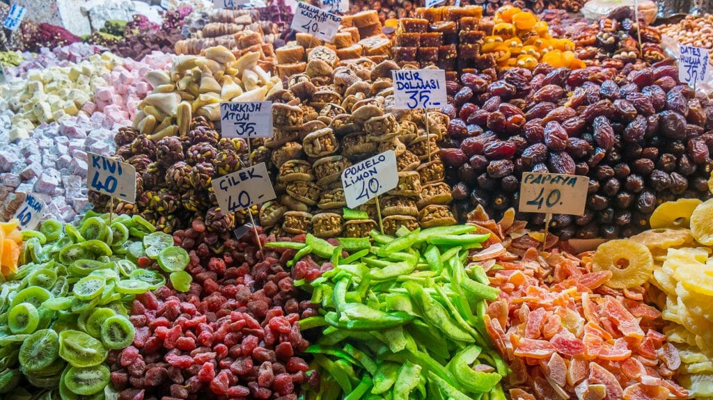 Typical turkish delights on sale at the market in Istanbul Turkey