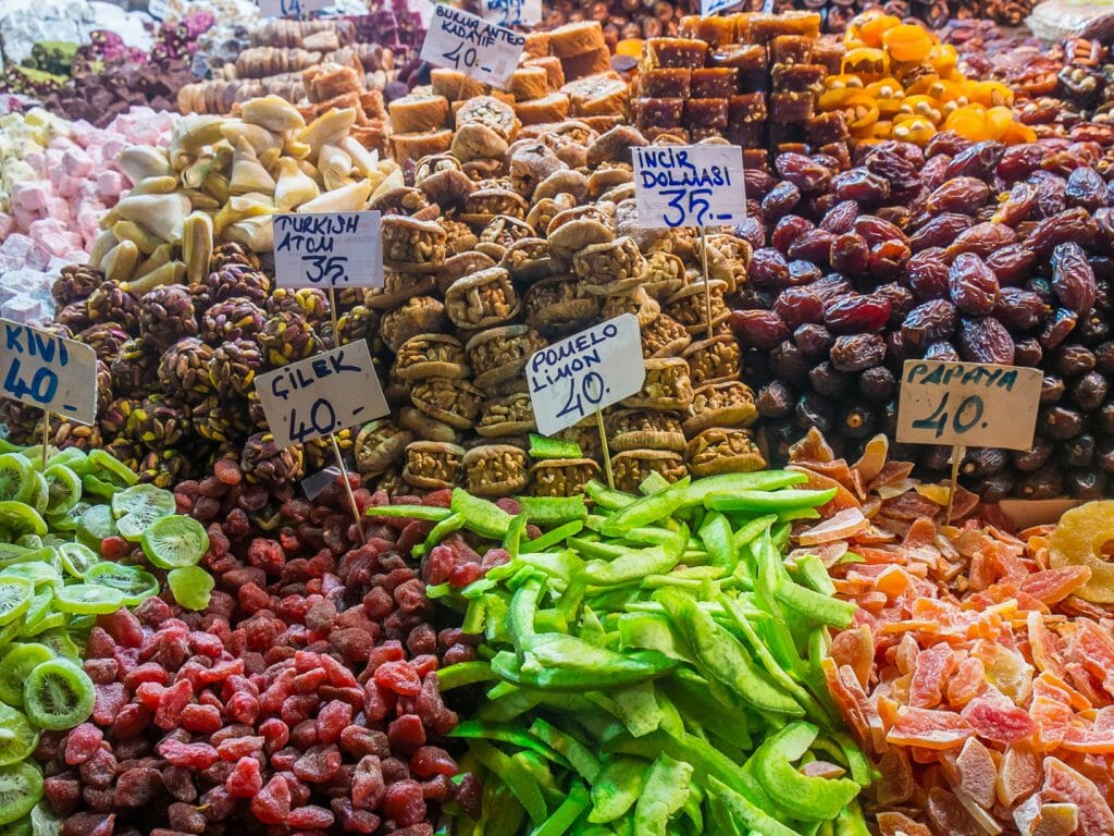 Typical turkish delights on sale at the market in Istanbul Turkey
