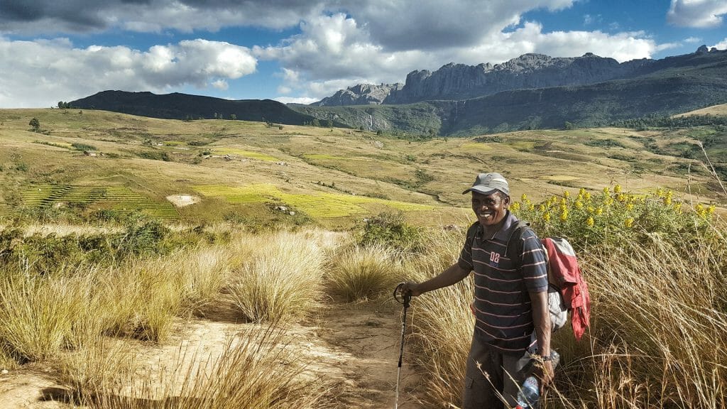 View of Andringitra with guide, Andringitra National Park, Madagascar
