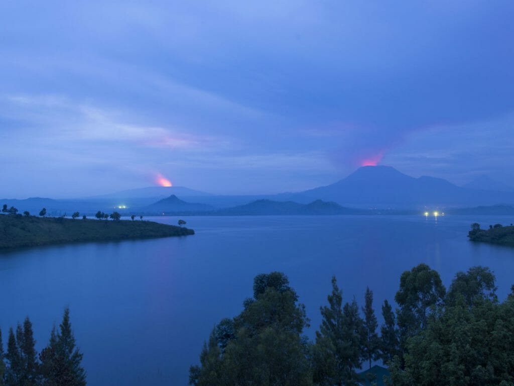 View of glowing volcanoes, Lake Kivu, Rwanda/Democratic Republic of Congo