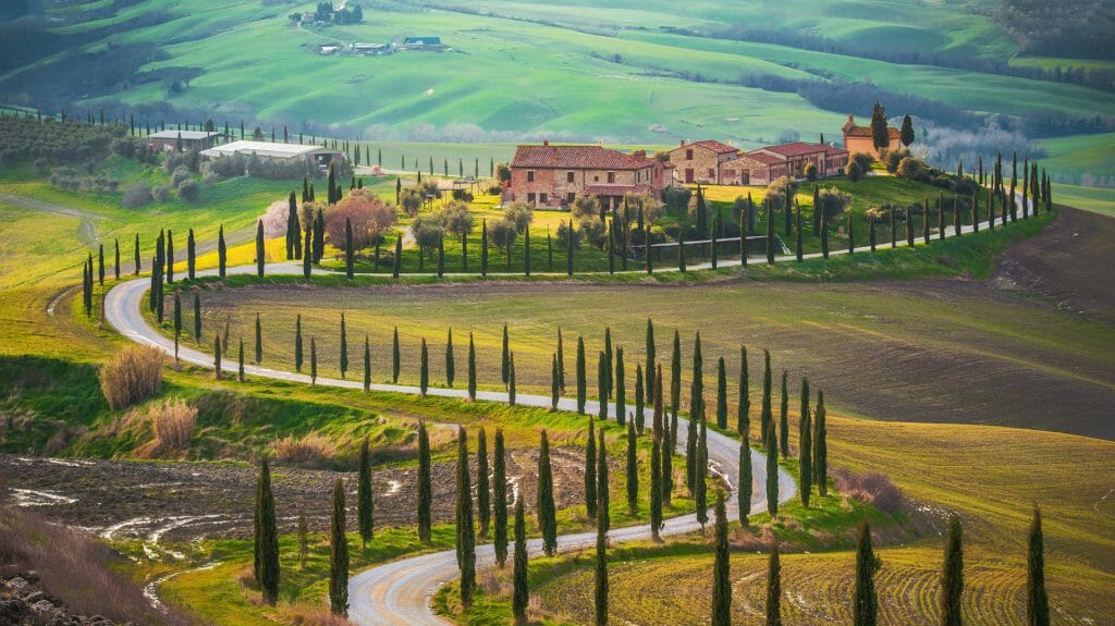 Winding Tuscan road, Village, Tuscany, Italy