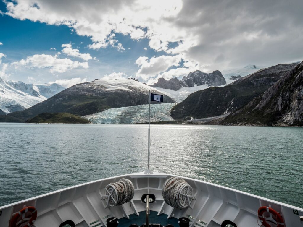 View from bow sailing into Pia fjord, Australis Cruise, Fjords of Tierra del Fuego, Patagonia
