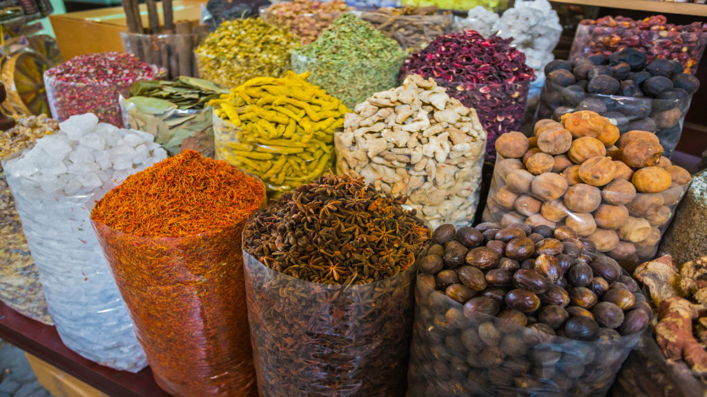 dried herbs flowers spices in the spice souq at Deira, Saudi Arabia