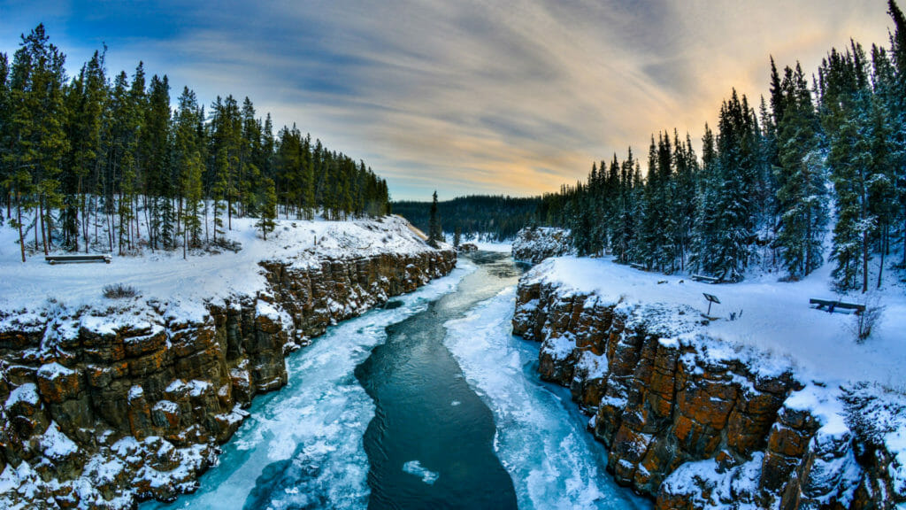 Frozen river, Forest, Yukon, Canada