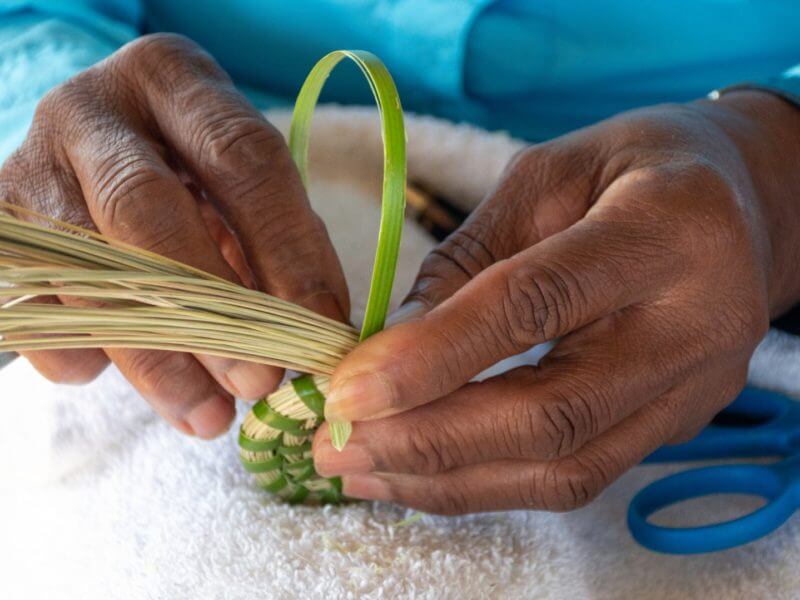Close up of the hands of a master sweetgrass basket weaver