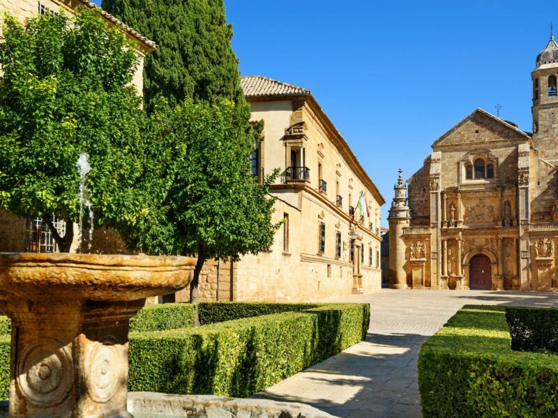 View through gardens towards Ubeda Cathedral, ndalucia, Spain