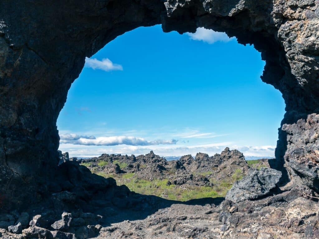 View through circular lava window, Iceland