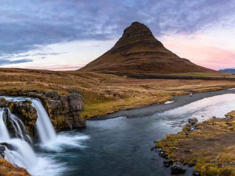 Mountain with waterfall in foreground, Iceland