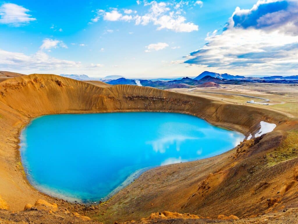 View of turquoise crater lake, Iceland