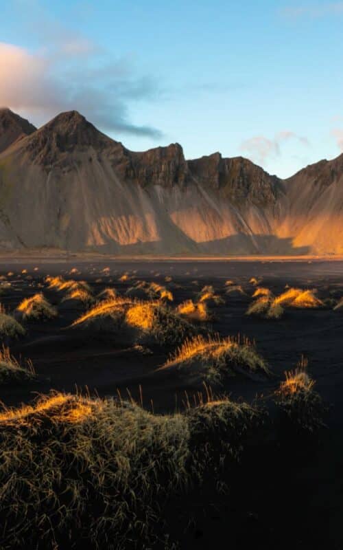 Mountain at sunset with dunes infront, Iceland