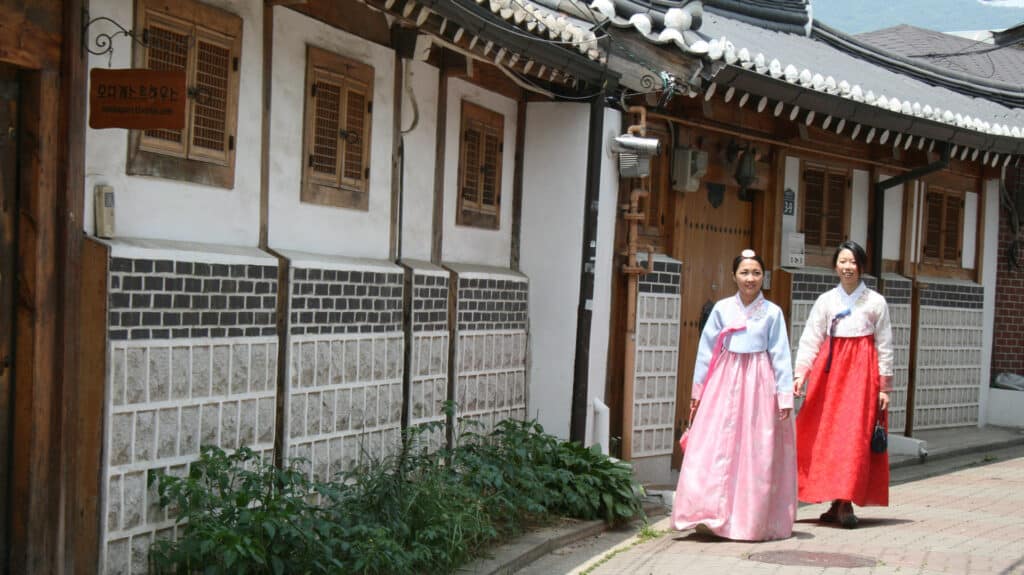 Ladies strolling in Bukchon Hanok Village, Seoul, South Korea